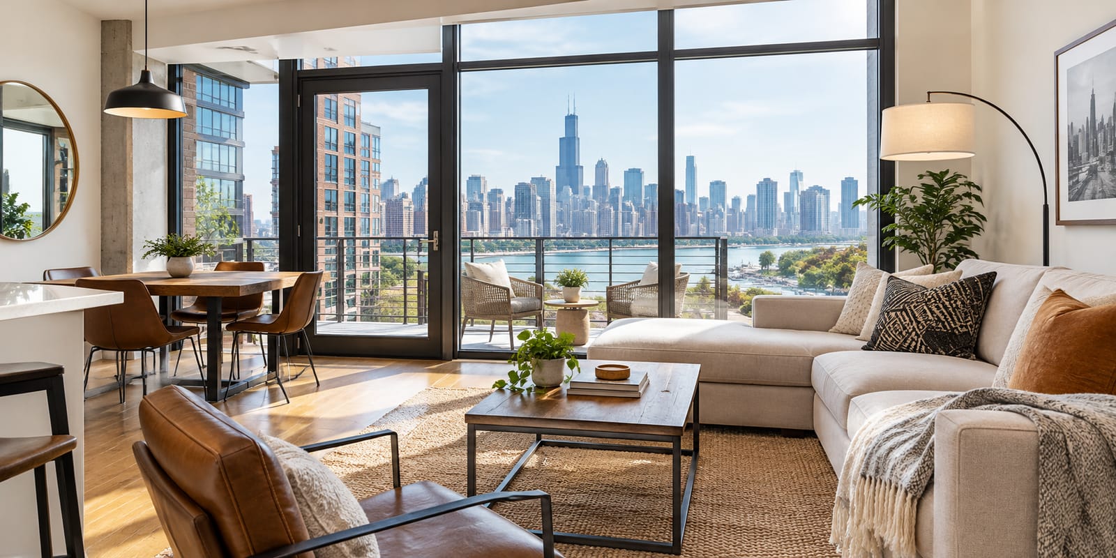 A bright Chicago apartment living room with floor-to-ceiling windows overlooking the skyline and the lake
