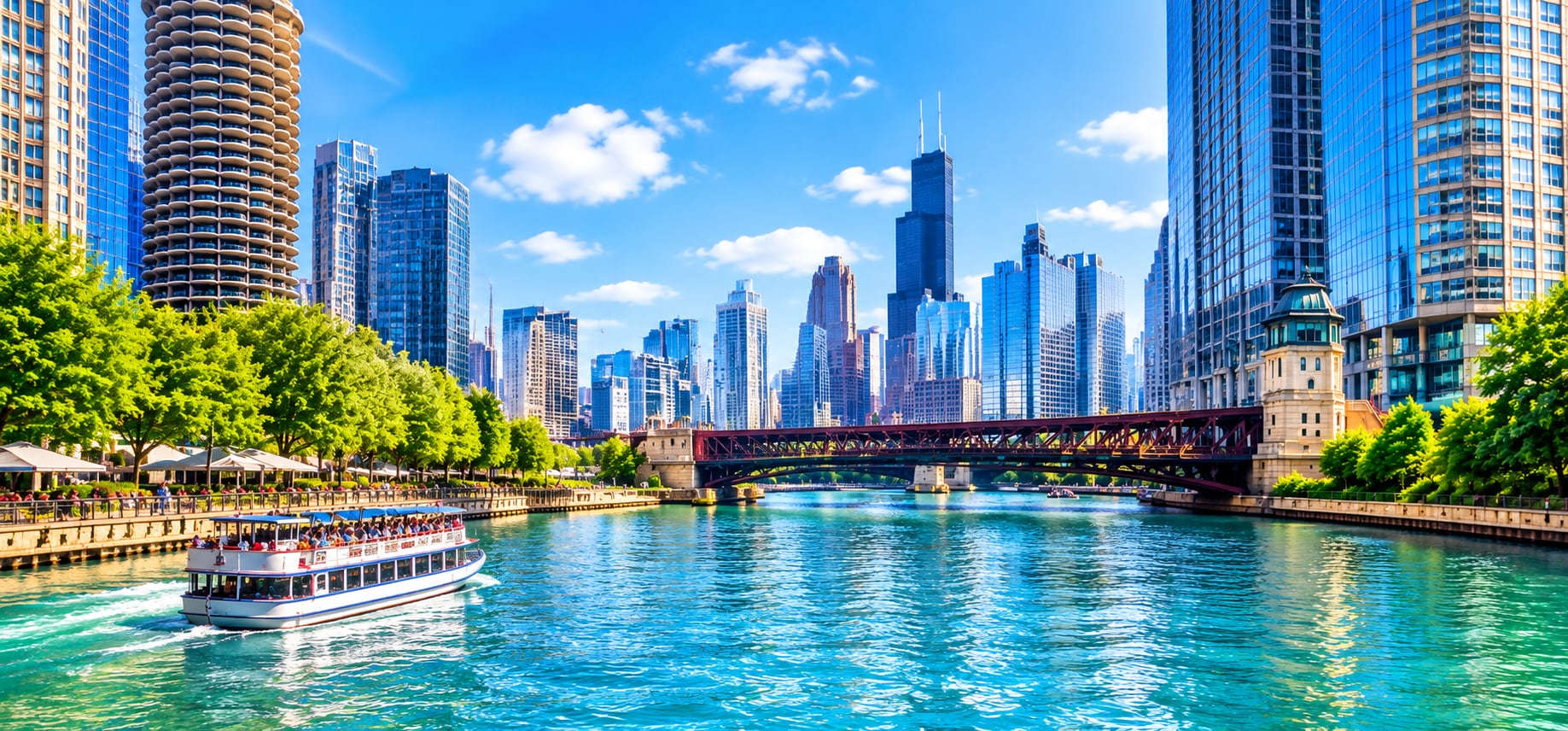 The Chicago River and downtown skyline on a summer afternoon